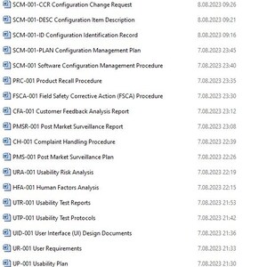 May include: A list of document titles and their corresponding dates. The document titles are related to configuration management, product recall, field safety, customer feedback, post market surveillance, complaint handling, usability, and adverse event reporting.