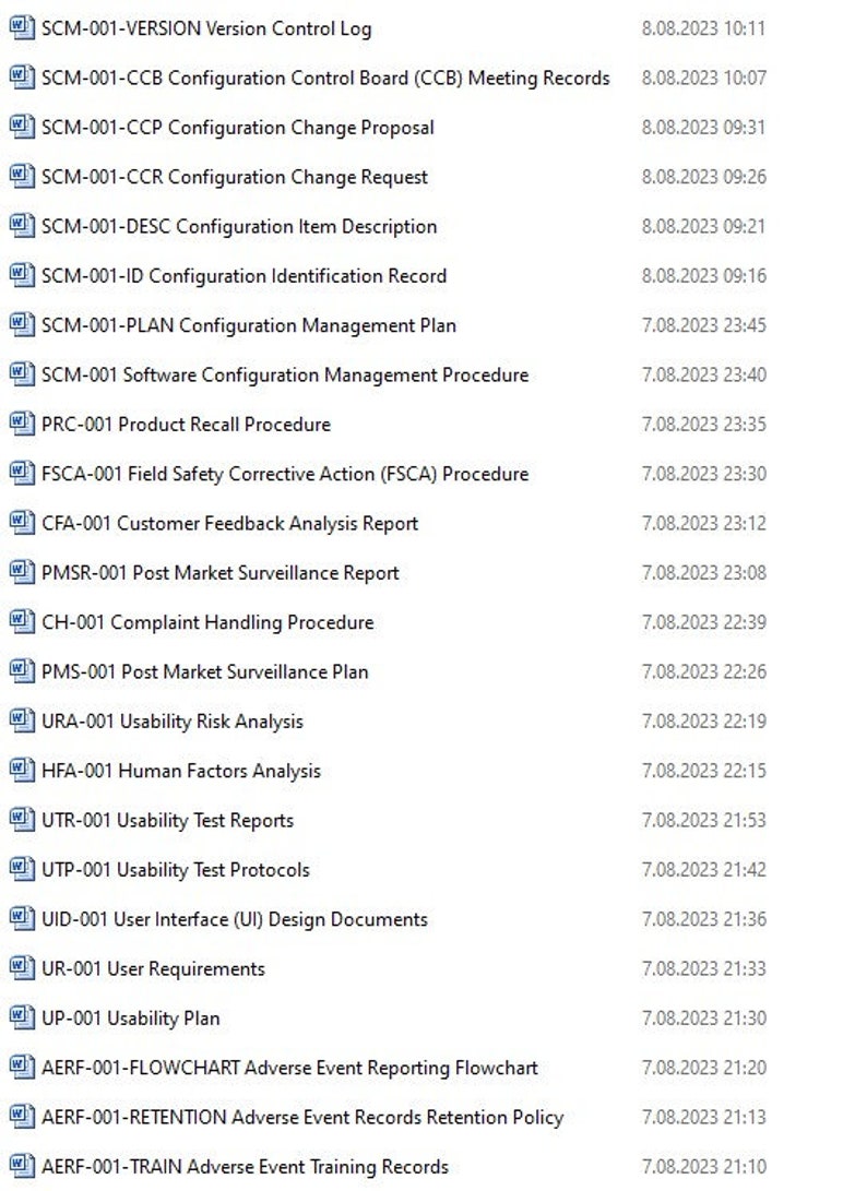 May include: A list of document titles and their corresponding dates. The document titles are related to configuration management, product recall, field safety, customer feedback, post market surveillance, complaint handling, usability, and adverse event reporting.