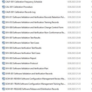 May include: A list of document titles and their corresponding dates. The document titles are related to calibration and software validation and verification procedures. The dates are in the format MM.DD.YYYY.