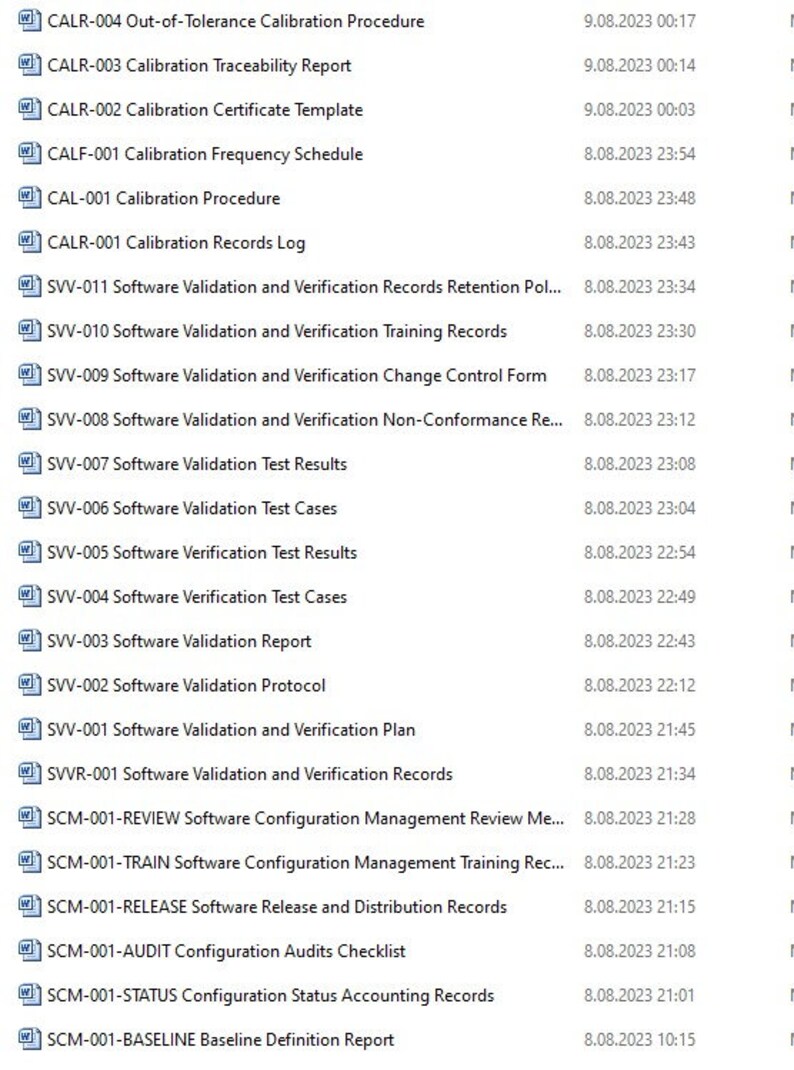 May include: A list of document titles and their corresponding dates. The document titles are related to calibration and software validation and verification procedures. The dates are in the format MM.DD.YYYY.