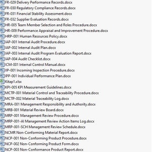 May include: A list of document titles, including "Delivery Performance Records.docx", "Regulatory Compliance Records.docx", "Financial Stability Assessment.docx", "Supplier Evaluation Records.docx", "Team Member Selection and Roles Procedure.docx", "Performance Appraisal and Improvement Procedure.docx", "Human Resources Policy.docx", "Internal Audit Procedure.docx", "Internal Audit Plan.docx", "Internal Audit Program Evaluation Report.docx", "Audit Checklist.docx", "Internal Control Manual.docx", "Incoming Inspection Procedure.docx", "Individual Performance Plan.docx", "KPI Measurement Guidelines.docx", "Material Control and Traceability Procedure.docx", "Material Traceability Log.docx", "Management Responsibility and Authority.docx", "Material Review Board.docx", "Management Review Procedure.docx", "Management Review Action Items Log.docx", "Management Review Schedule.docx", "Non-Conforming Material Report.docx", "Non-Conforming Product Procedure.docx", "Non-Conforming Product Form.docx", and "Non-Conformance Product Report.docx".