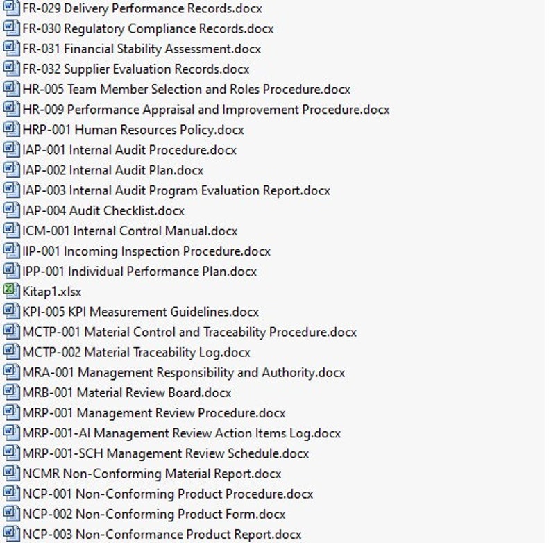 May include: A list of document titles, including "Delivery Performance Records.docx", "Regulatory Compliance Records.docx", "Financial Stability Assessment.docx", "Supplier Evaluation Records.docx", "Team Member Selection and Roles Procedure.docx", "Performance Appraisal and Improvement Procedure.docx", "Human Resources Policy.docx", "Internal Audit Procedure.docx", "Internal Audit Plan.docx", "Internal Audit Program Evaluation Report.docx", "Audit Checklist.docx", "Internal Control Manual.docx", "Incoming Inspection Procedure.docx", "Individual Performance Plan.docx", "KPI Measurement Guidelines.docx", "Material Control and Traceability Procedure.docx", "Material Traceability Log.docx", "Management Responsibility and Authority.docx", "Material Review Board.docx", "Management Review Procedure.docx", "Management Review Action Items Log.docx", "Management Review Schedule.docx", "Non-Conforming Material Report.docx", "Non-Conforming Product Procedure.docx", "Non-Conforming Product Form.docx", and "Non-Conformance Product Report.docx".