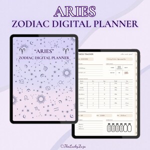 May include: Two digital tablets displaying a "ARIES ZODIAC DIGITAL PLANNER". The first tablet shows a purple and pink gradient background with zodiac symbols. The second tablet displays a fitness tracker with a table and bottle illustrations.