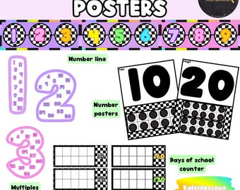 Op de afbeelding: Een set kleurrijke wiskunde-nummerposters met een geruit patroon. De posters omvatten een getallenlijn, individuele nummerposters en veelvoudenposters. De posters zijn ontworpen voor gebruik in een klaslokaal.