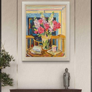 Naturaleza muerta: flores en un jarrón, pintura de flores, pintura al óleo, arte para el hogar, arte de regalo, decoración exclusiva, arte contemporáneo, imagen original,