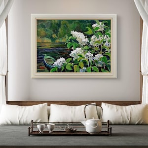 Pintura a óleo lilás – Paisagem impressionista original sobre tela – Arte de parede 16 x 20 polegadas – Decoração natural para casa – Presente para ela