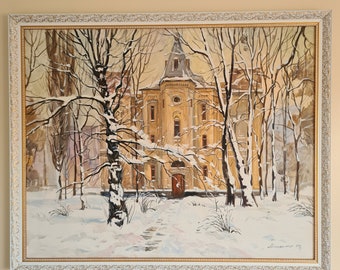 The painting "Winter in the KPI park". Canvas, oil. Size 80x100sm. Made in 2014. The picture in a frame.