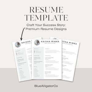 May include: A resume template with the text "RESUME TEMPLATE" and "Craft Your Success Story: Premium Resume Designs". The template features a black and white design with a photo of a woman in the top left corner.
