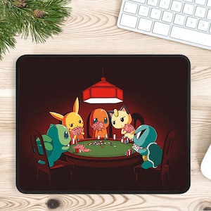 May include: A black and red mousepad with a cartoon image of four Pokemon characters playing cards around a green table under a red lamp.