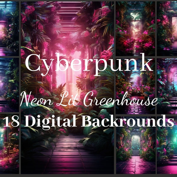 18 Cyberpunk Neon Greenhouse Digital Backdrops, Maternity Overlays, Photography Background