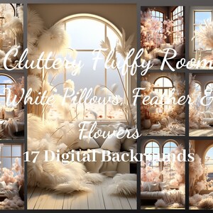 17 Cluttery Feathery Room with Flowers, Flowers & Sofa Digital Backdrops, Maternity Overlays, Photography Background