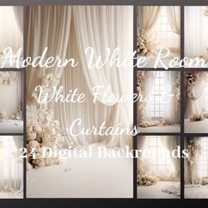 24 Modern Pink Room with White Curtains & Flowers Digital Backdrops, Maternity Overlays, Photography Background