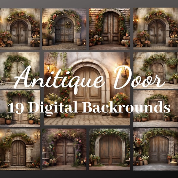 19 Antique Rustic Wooden Door with Floral Wreath Backdrops, Maternity Backdrop Overlays, Photography Digital Background, Photorealism