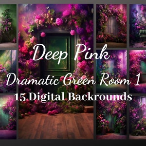 15 Dramatic Deep Pink Flowery Green Room in Post-Apocalyptic Style Digital Backdrops, Maternity Overlays, Photography Digital Background