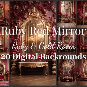 20 Ruby Red Mirror Room & Gold Backdrops, Maternity Overlays, Photography Digital Background, Artsy, Atmospheric, Magical Burgundy Room