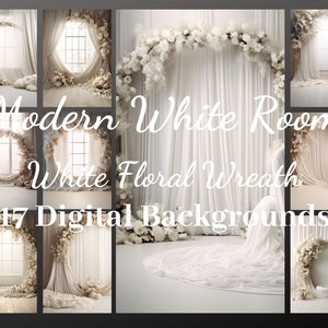 17 Modern White Room with White Floral Wreath Digital Backdrops, Maternity Overlays, Photography Background