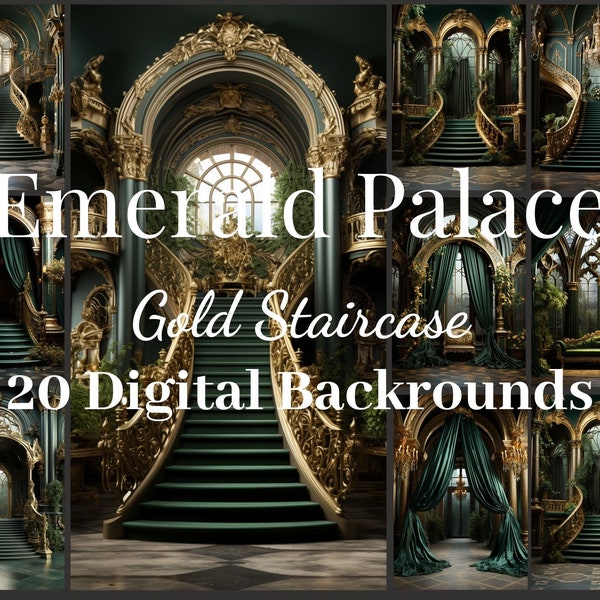 20 Emerald Green Palace & Gold Stairs Backdrops, Maternity Overlays, Photography Digital Background, Artsy, Atmospheric, Magical Room