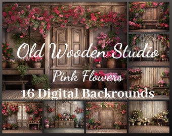 16 altes Studio aus Holz mit rosa und weißen Blumen Digitale Kulissen, Mutterschaft Overlays, Fotografie Hintergrund