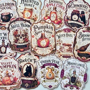 May include: A collection of twelve decorative stickers featuring ornate apothecary-style labels with illustrations of potions, skulls, cats, and botanical elements, each labelled with names like Cauldron Cocoa, Pumpkin Spice Potion, and Poison Pear Preserve.