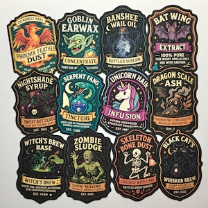 May include: A set of vintage-style potion label stickers. Designs include "Phoenix Feather Dust," "Goblin Earwax," "Bat Wing Extract," and "Zombie Sludge." Each sticker has unique illustrations and text, with a dark colour palette and various dates.
