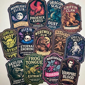 May include: A selection of fantasy-themed sticker labels with decorative borders. Each label has a unique design and text, such as "Moonlight Elixir," "Phoenix Ashes," and "Vampire Blood." The colour scheme includes deep blues, greens, and reds.
