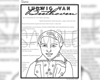 Hoja para colorear de Beethoven para niños, historia de la música para niños