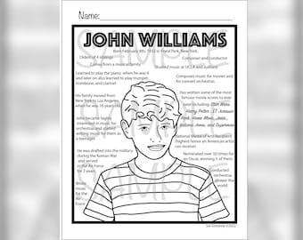 John Williams coloring sheet, music history, music history for kids, instant download