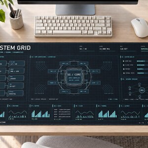 Tech Desk Mat XXL 36 x 18, System Grid Circuit Mouse Pad, Software Engineer Gift, Minimalist Desk Setup