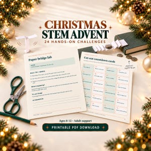 Puede incluir: Una descarga en PDF imprimible de Adviento STEM navideño con 24 desafíos prácticos. El documento incluye una hoja de instrucciones para un laboratorio de puentes de papel y una cuadrícula de 24 tarjetas de cuenta regresiva, junto a tijeras verdes y un lápiz.