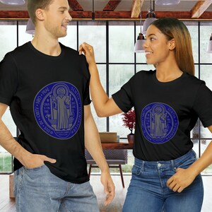 Saint Benedict t-shirt with silver and blue design, catholic t-shirt, christian tshirt, unisex short sleeve Bella+Canvas 3001