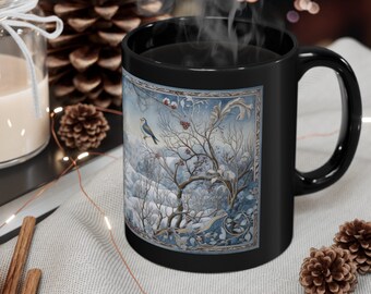 Winter Coffee mug with Arts and Crafts Winter Scene Design,  Craftsman style, William Morris landscape mug 15 oz