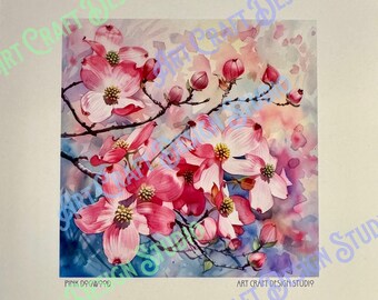 Watercolor Pink Dogwood unframed art print, available in multiple sizes, flowering tree,  printed on ultra premium studio matte 60lb stock