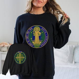 Saint Benedict sweatshirt with blue, green and gold front and back design, catholic sweatshirt, unisex long sleeve sweatshirt Gildan 18000
