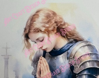 Watercolor Saint Joan of Arc in prayer art print in multiple sizes, catholic saint,  printed on ultra premium studio matte 60lb stock