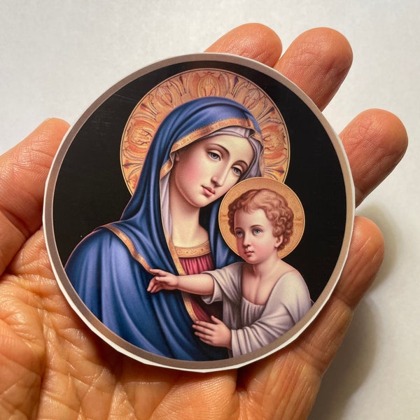 3 Inch Mary with baby Jesus sticker, Madonna and Child sticker, catholic sticker, faith sticker, laptop sticker, white matte vinyl sticker