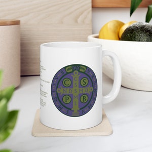 Saint Benedict Medal Coffee Mug, purple and green, catholic coffee mug, christian coffee mug, catholic mug, 15oz