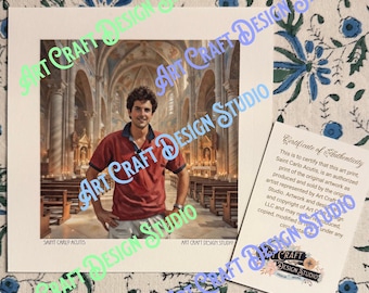 Saint Carlo Acutis art print of original artwork, available in multiple sizes, catholic saint, on ultra premium studio matte stock