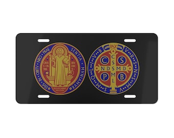 Saint Benedict medal vanity plate with original blue, red and gold artwork on black vanity plate background