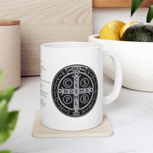 Saint Benedict medal and cross coffee mug in 15oz, catholic coffee mug, christian coffee mug