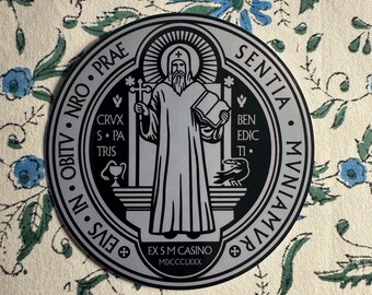 4 inch kiss cut Saint Benedict medal sticker, Cross of Saint Benedict, catholic sticker, catholic saint sticker, Silver and black