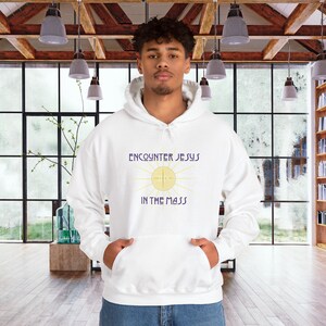 Catholic Hoodie, Encounter Jesus in the Mass, Gildan 18500, Eucharistic Revival, Unisex Heavy Blend Hooded Sweatshirt