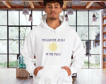 Catholic Hoodie, Encounter Jesus in the Mass, Gildan 18500, Eucharistic Revival, Unisex Heavy Blend Hooded Sweatshirt