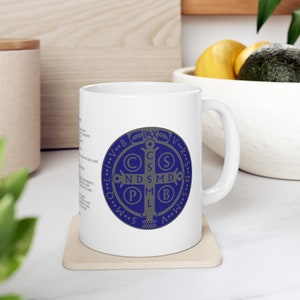 Saint Benedict medal and cross coffee mug 15oz, Dark Blue and Silver design, catholic coffee mug, christian coffee mug