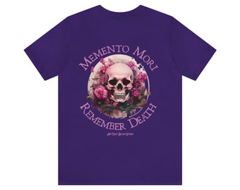 Catholic T-shirt Memento Mori, front and back design, Latin for Remember Death, unisex Bella+Canvas 3001