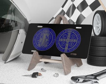 Saint Benedict Medal Vanity Plate | US Navy inspired Silver and Blue artwork on Black background