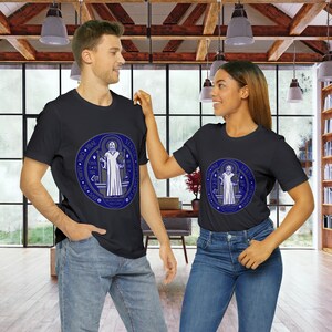 Saint Benedict tshirt, catholic t-shirt, Navy Catholic, celebrate your faith with this unisex short sleeve Bella+Canvas 3001
