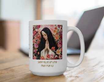 Saint Rose of Lima Coffee Mug, watercolor artwork, catholic coffee mug, christian coffee mug, 15oz