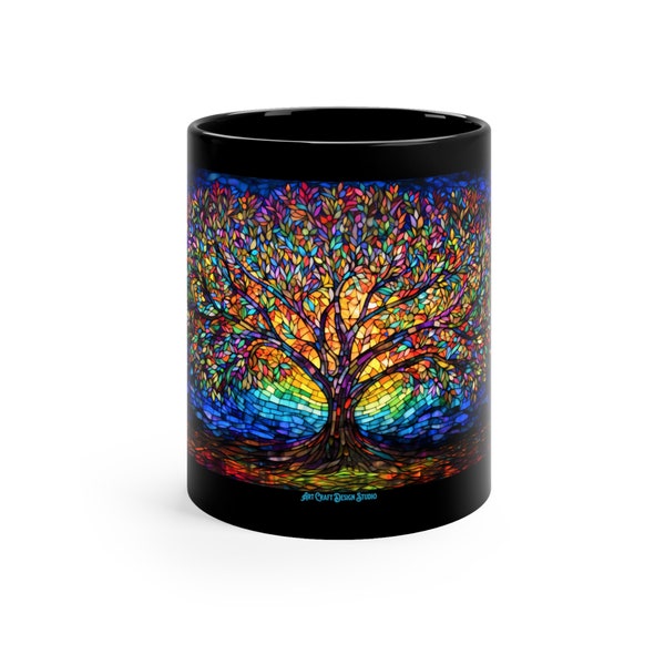 Biblical Tree of Life Ceramic Coffee Mug, stained glass style graphic, inspired by God’s created world around us, 11 or 15oz Mug