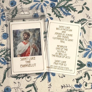 Saint Luke the Evangelist art print holy card, ID card size 2.25 x 3.5 inch, two sided with quote on reverse side, optional lanyard case