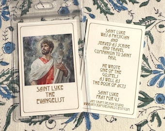 Saint Luke the Evangelist art print holy card, ID card size 2.25 x 3.5 inch, two sided with quote on reverse side, optional lanyard case